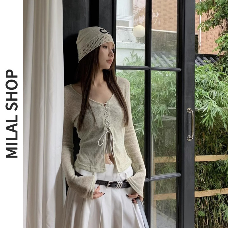 Áo dệt kim dài tay dây rút mỏng mới dành cho nữ | Shopee Việt Nam