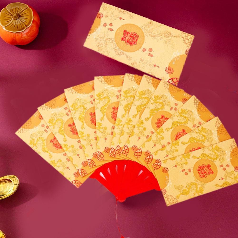 [6 / 10 CÁI] Phong bì màu đỏ hình quạt năm mới Phong bì màu đỏ gấp phong bì màu đỏ màu vàng Angpao Z4K8
