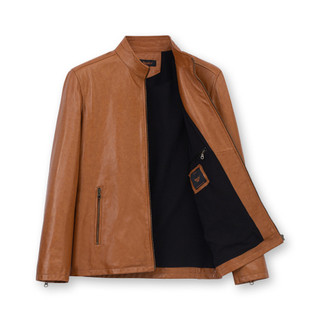 Áo da cừu nam FTT LEATHER Racer jacket trơn tay khoá dáng suông màu Vàng Nâu AD213C03