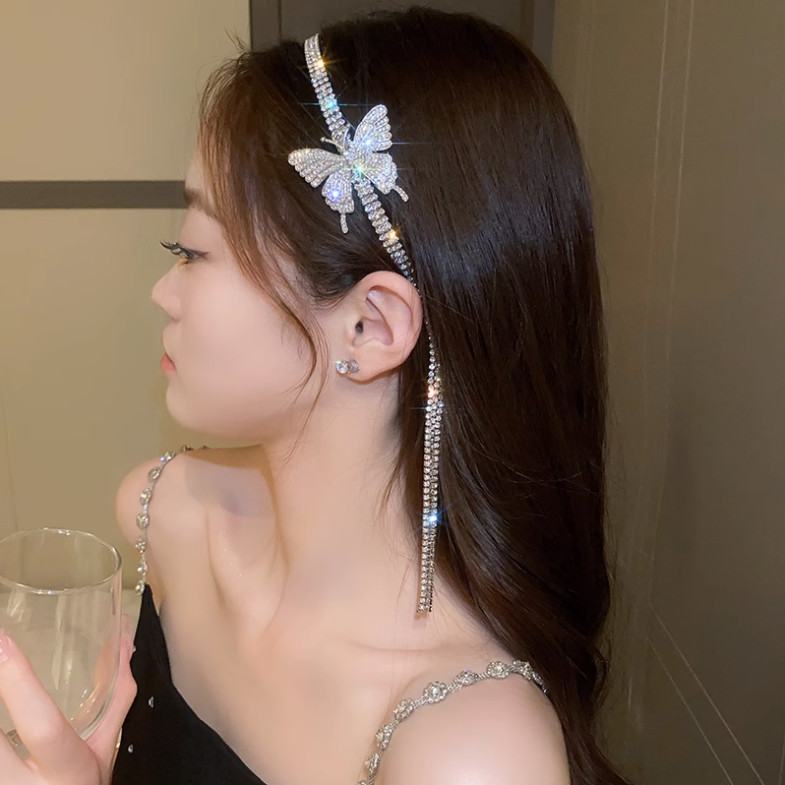 Bờm tóc hình bướm tua rua đầy kim cương, bờm tóc thời trang kiểu Tây cao cấp cho nữ, phụ kiện tóc khí chất mẫu mới 2023