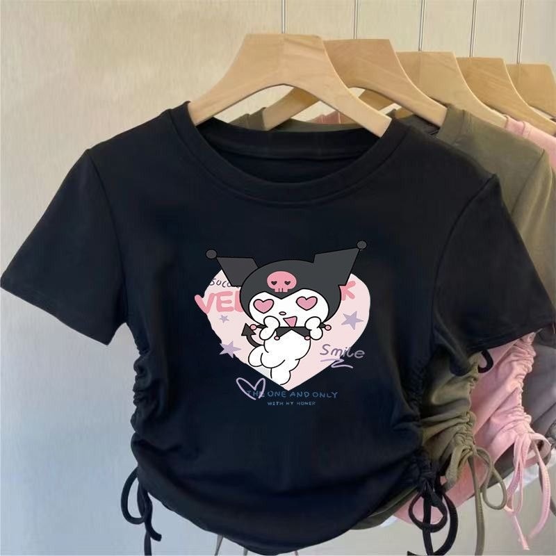 2025 My Melody & Kuromi Ice Silk Tee Bé Gái Dây Rút Áo Sơ Mi Mùa Hè Thiết Kế Hoạt Hình Dễ Thương