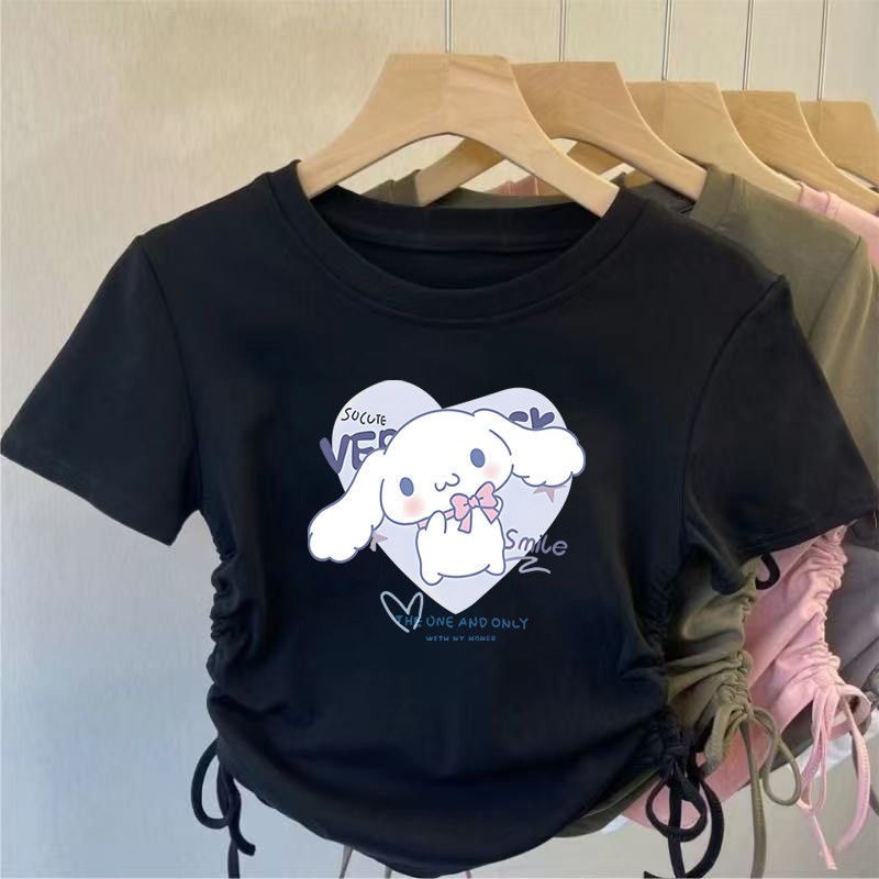 2025 My Melody & Kuromi Ice Silk Tee Bé Gái Dây Rút Áo Sơ Mi Mùa Hè Thiết Kế Hoạt Hình Dễ Thương