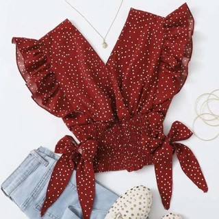 ✨Shop Voan Top Phiên Bản Hàn Quốc Ngọt Ngào Chấm Bi Cổ Chữ V Bay Tay Pháp Lãng Mạn Áo Sơ Mi Nhỏ Phối Ren Ngắn Top 25.5.9