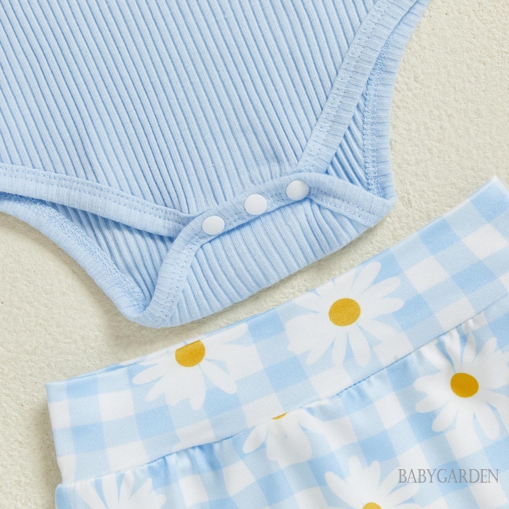 / / -Bộ đồ liền thân không tay có gân chắc chắn Kẻ sọc Daisy Ruffle Quần short Headband 3 mảnh trang phục