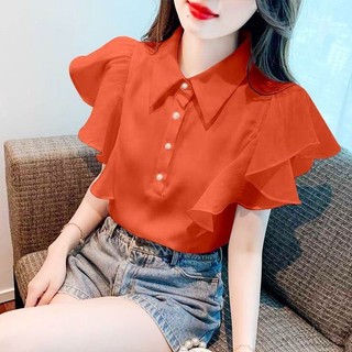 ✨2617 Khen ngợi Xù Bay Tay Áo Sơ Mi Ve Áo Mùa Hè 2024 Thiết Kế Niche Độc Đáo Tay Ngắn Top 25.5.9
