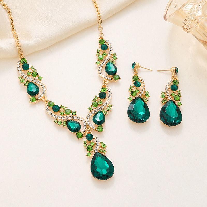 Retro Cung Điện Phong Cách Xanh Giọt Nước Vòng Cổ Bông Tai Nữ Ánh Sáng Sang Trọng Cảm Giác Cao Cấp