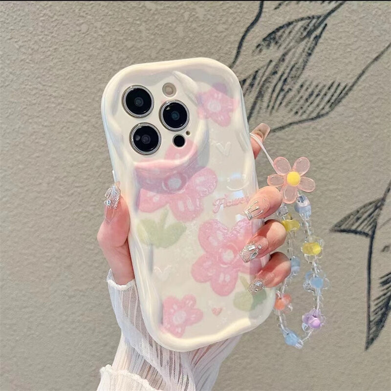 Ốp Điện Thoại Dây Xích Hoa Tulip Cho Samsung Galaxy A15 A55 A54 A35 A14 A23 A24 A34 A52 A53 A32 A13 A22 A25 A04 A04E A52S Ốp Điện Thoại Di Động 3D Sóng Cong Cạnh Vintage
