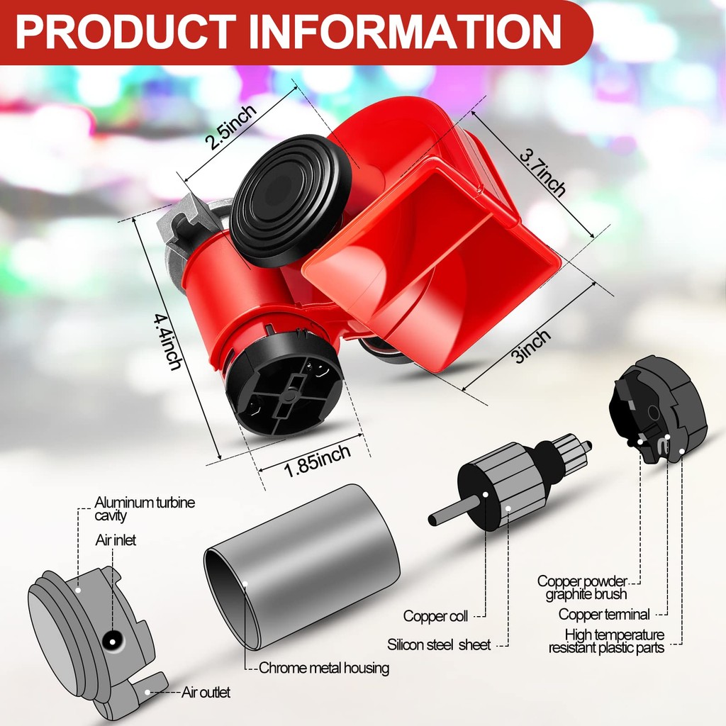 12V / 24V Sừng Ô Tô Kiểu Ốc Sừng Không Khí Âm Lượng Siêu Lớn Có Máy Nén, Thích Hợp Cho Xe Tải, Ô Tô, Xe Jeep, Xe Máy