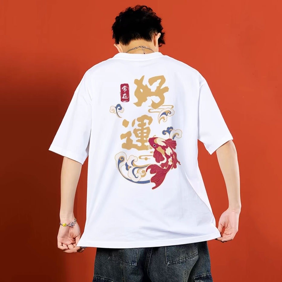 Trung Quốc Retro Mới 2025 Sáng Tạo Cá Koi In Cổ Tròn Ngắn Tay Áo T-Shirt Unisex