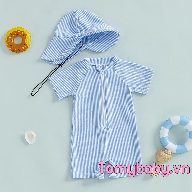 Bộ đồ bơi sọc cho bé trai tay ngắn nửa dây kéo Đồ bơi không đóng cọc + Bộ Sunhat