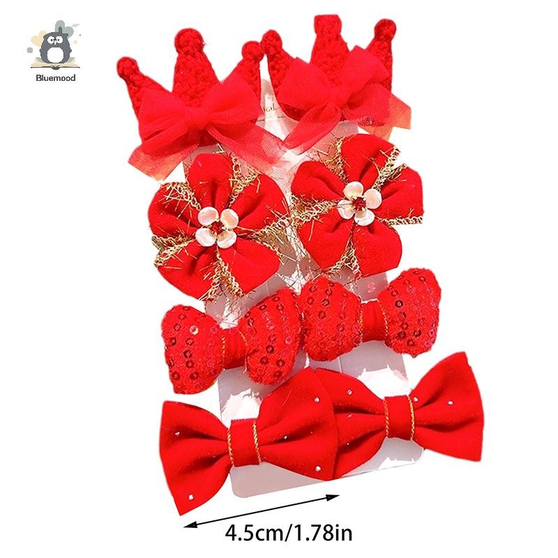 [Bluemood] 8 Cái / bộ Kẹp Tóc Nơ Đỏ Cho Bé Gái Handmade Ruy Băng Nơ Kẹp Tóc Barrettes Năm Mới Giáng Sinh Phụ Kiện Tóc Mới