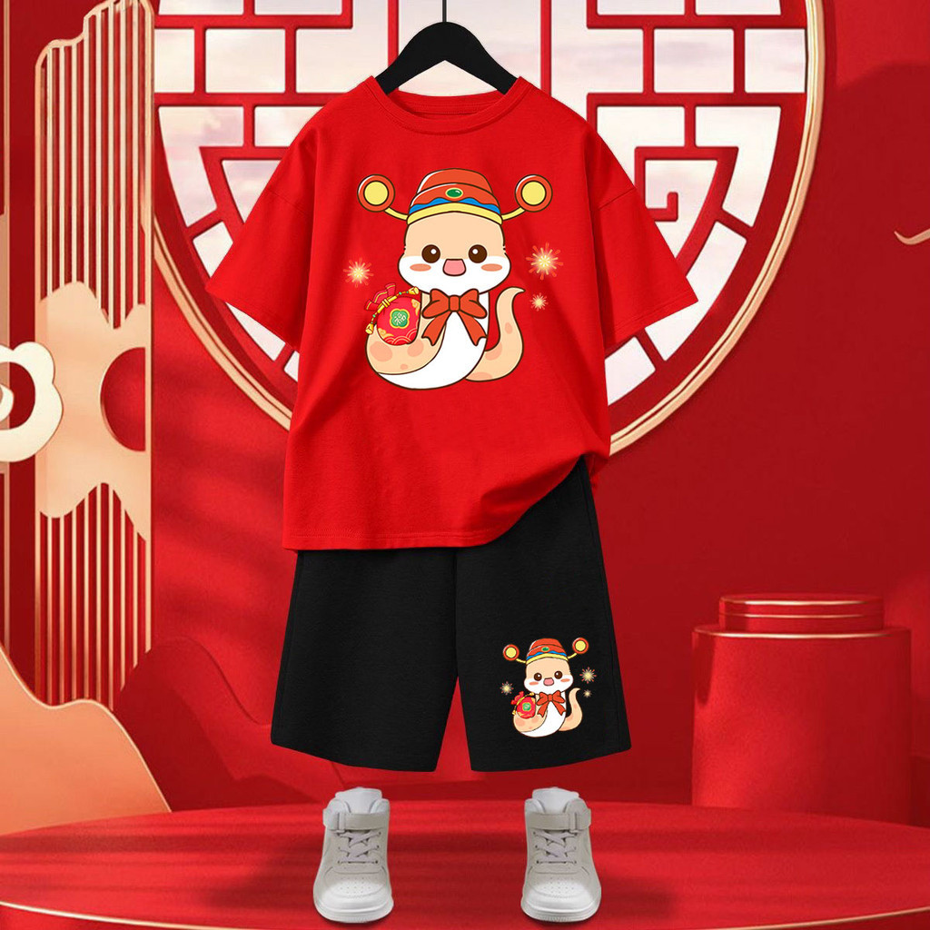 Bộ Áo thun in hình rắn năm 2025 CNY Áo phông & Quần đùi rộng ngoại cỡ cho trẻ em hoàn hảo cho lễ kỷ niệm Tết Nguyên Đán
