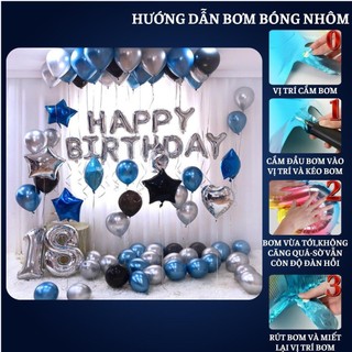 Set trang trí sinh nhật người lớn kiểu hàng quốc màu trắng đen SNNL-XANH DƯƠNG 09,Bóng bay trang trí sinh nhật cho bé