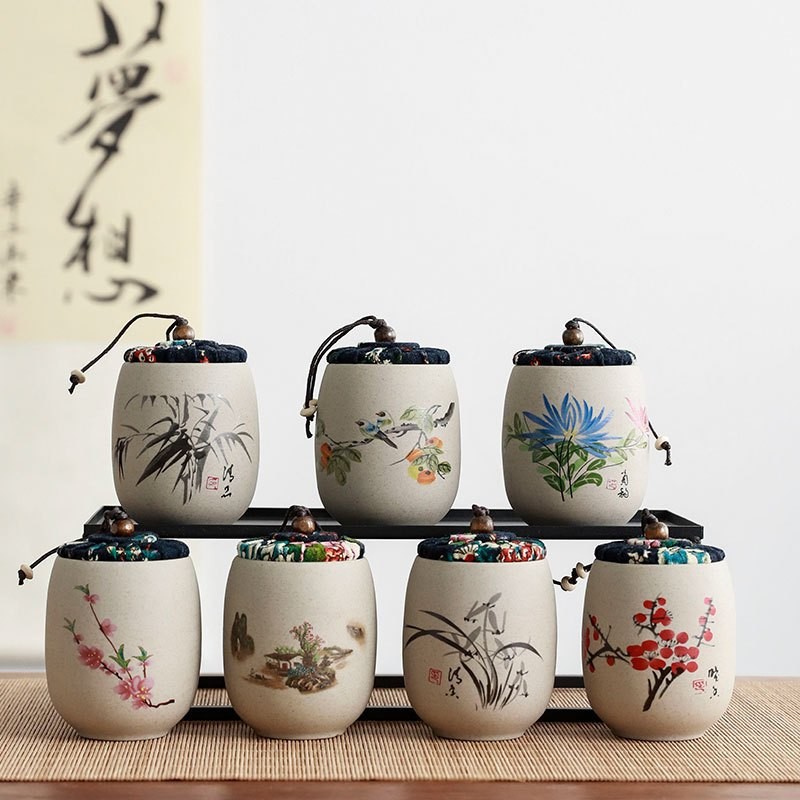 Hũ Đựng Trà Bằng Sứ Cỡ Bé Họa Tiết Đẹp Mắt