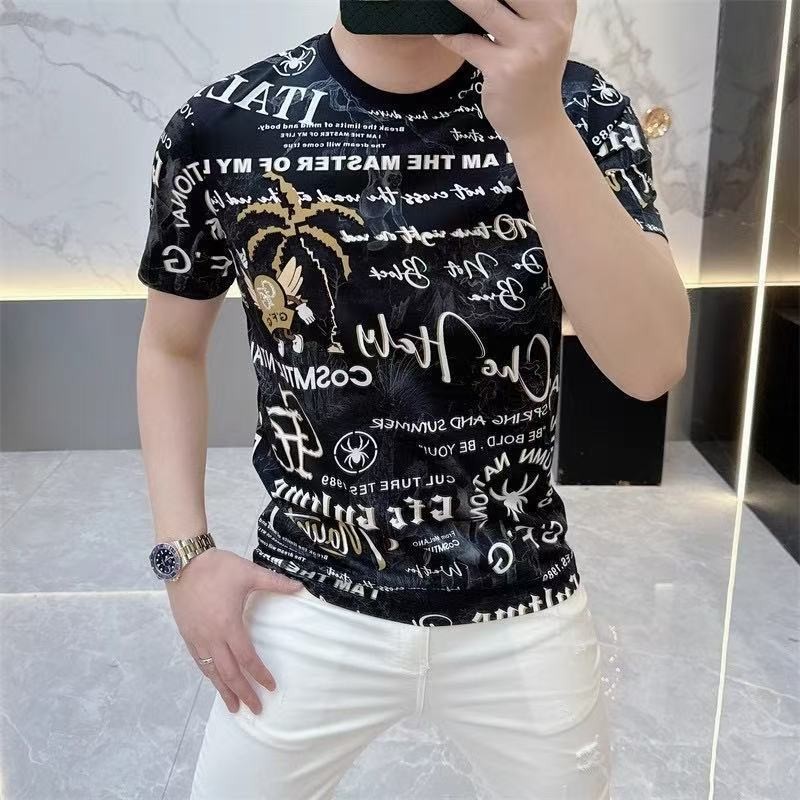 Áo thun nam cao cấp mùa hè 2025 hợp thời trang thương hiệu mới in hình giảm béo thời trang dáng rộng áo chữ thường ngày