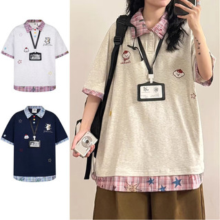 GKSSS Mới Áo Sơ Mi POLO Tay Ngắn Thời Trang Họa Tiết Chó Con Nối Giả Hai Mảnh Thời Trang Trung Lập Phong Cách