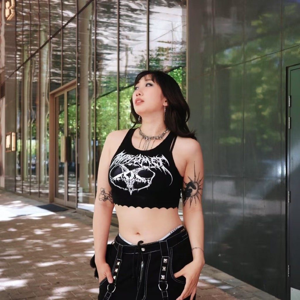 Y2K Áo crop top phong cách đậm màu Gothic mới dành cho nữ in màu trắng bó sát và áo vest không tay đa năng