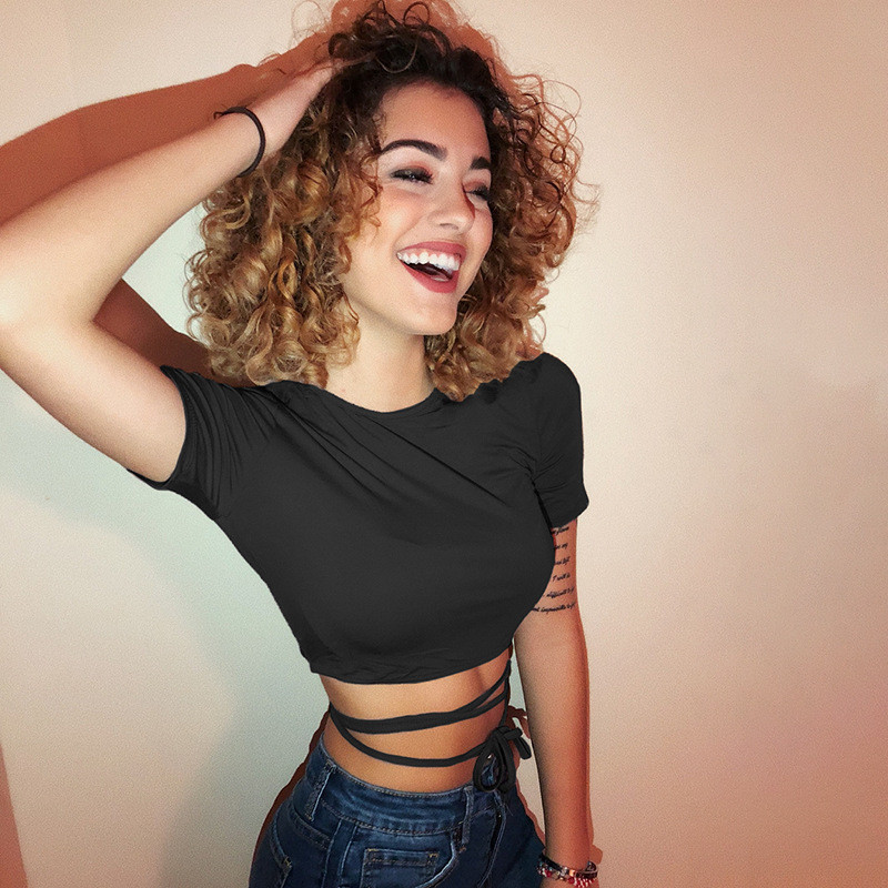 Áo crop top nữ mùa hè có cà vạt đen và áo thun ngắn tay gợi cảm