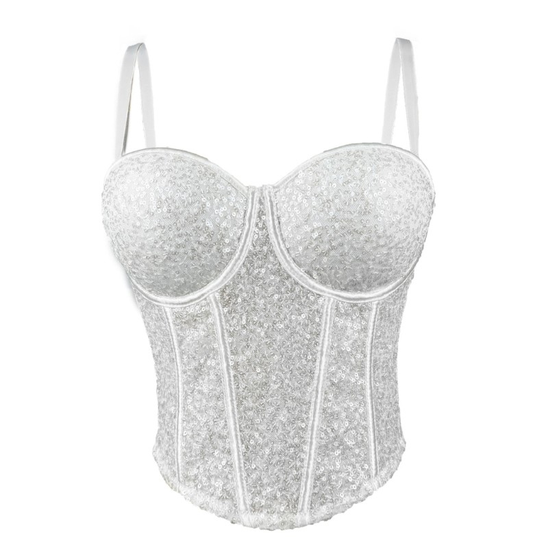 Dasbsug Lấp Lánh Kim Sa Lấp Lánh Sheer Lưới Corset Spaghetti Dây Đeo Bustier Áo Cho Nữ