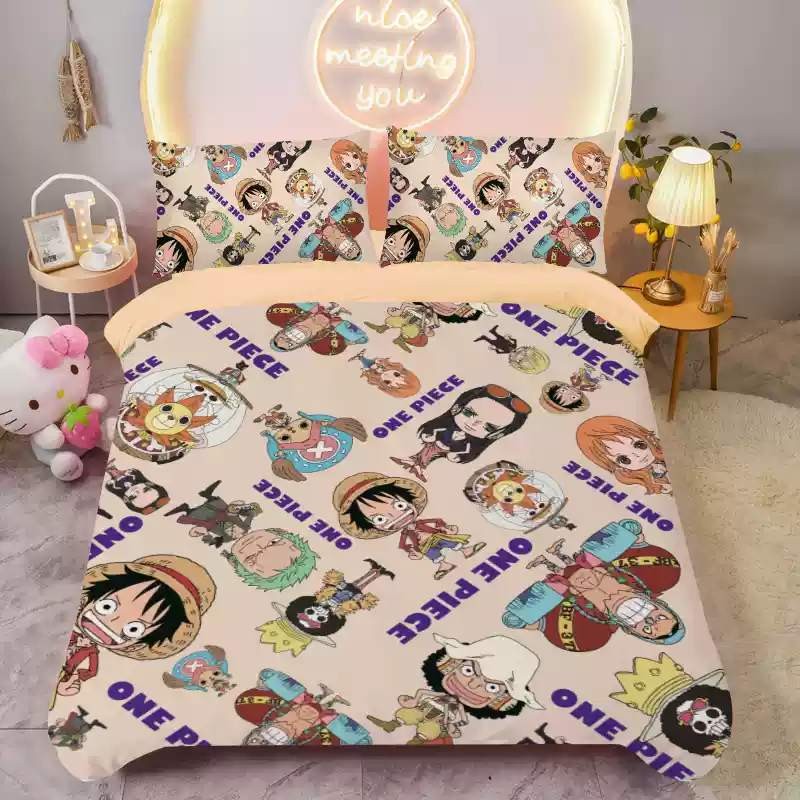 Ps1 ONE PIECE Luffy 3IN1 Ga trải giường Vỏ chăn gối Bộ chăn ga gối Phòng ngủ gia đình Bộ đồ Anime có thể giặt được SP1