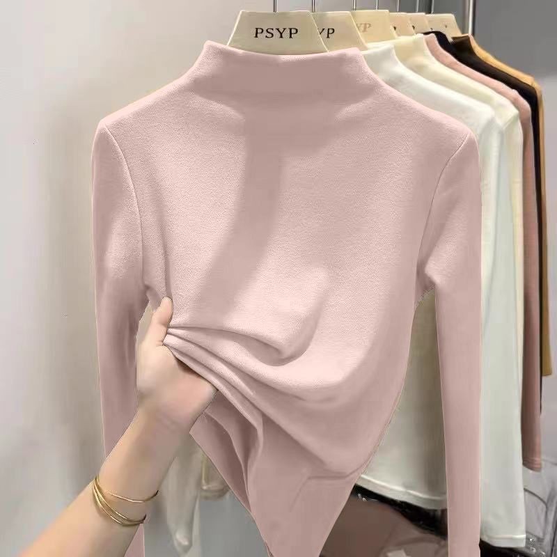 Áo giữ ấm áo mặc trong một màu giữ ấm nhung Đức hai mặt cho nữ áo phông dài tay phối bên trong ôm dáng cổ cao nửa cổ mùa thu đông cho nữ