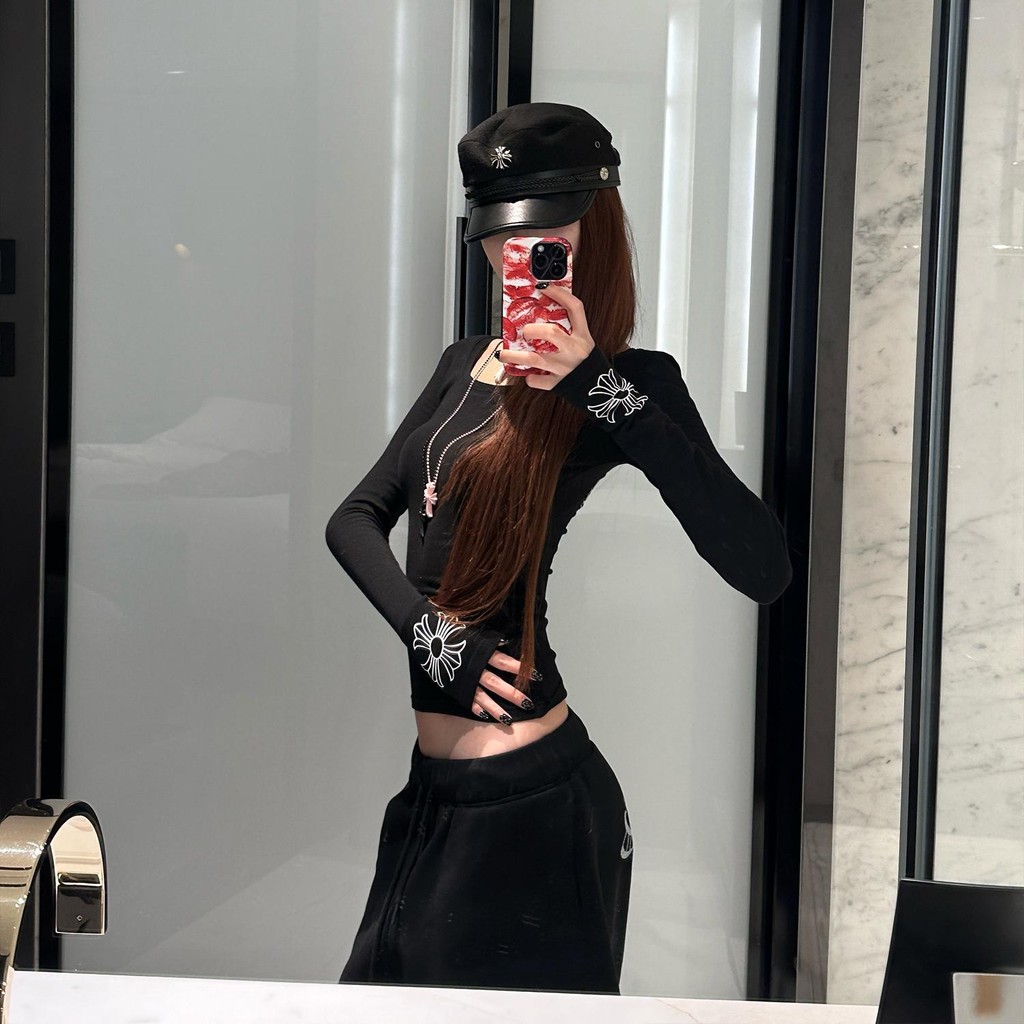 Milyfashion Slim-fit Áo thun dài tay in hình đáy Áo sơ mi cổ tròn lớn cổ hẹp Áo nữ thu đông Niche sang trọng Hợp thời trang ngọt ngào Cô gái nóng bỏng