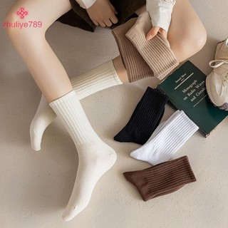 < zhuliye789 > Tất nữ màu đen trắng mùa thu đông Tất ống giữa Hàn Quốc Nhật Bản Ins Xu hướng cà phê Cotton thiết kế cổ điển Tất dành cho học sinh