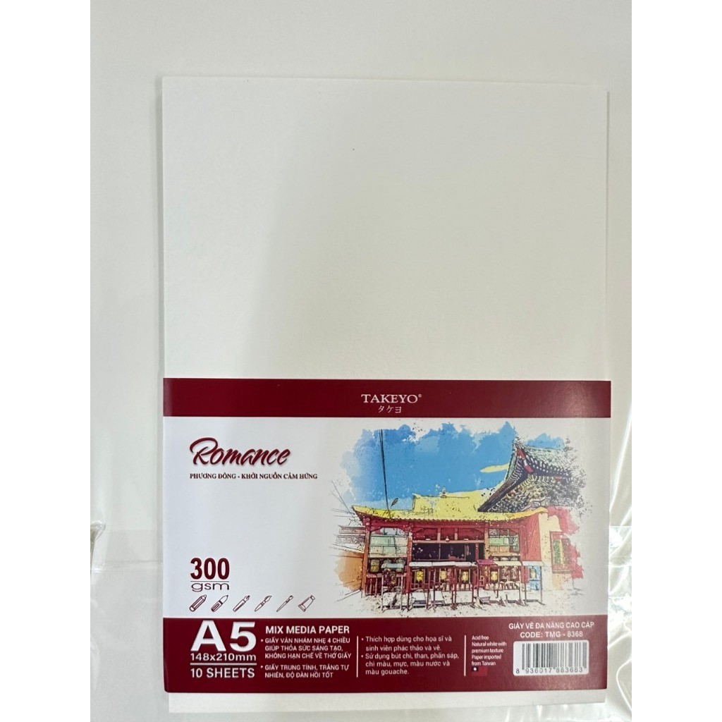 [XẤP 10T 300GSM] Giấy vẽ ép lạnh mỹ thuật, hội họa, kiến trúc TAKEYO ROMANCE A6-A5-A4 300GSM ( Made in Taiwan)