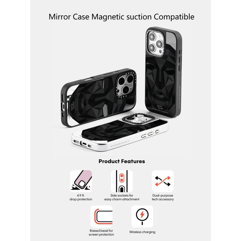 Casetify X Mực Trò Chơi Phía Trước Người Đàn Ông Ốp Lưng Từ Tính Hút Đen & Bạc Gương IPhone IPhone 16 15 14 13 12 Pro Max Plus Ốp Lưng Cứng Có Hộp Khắc logo