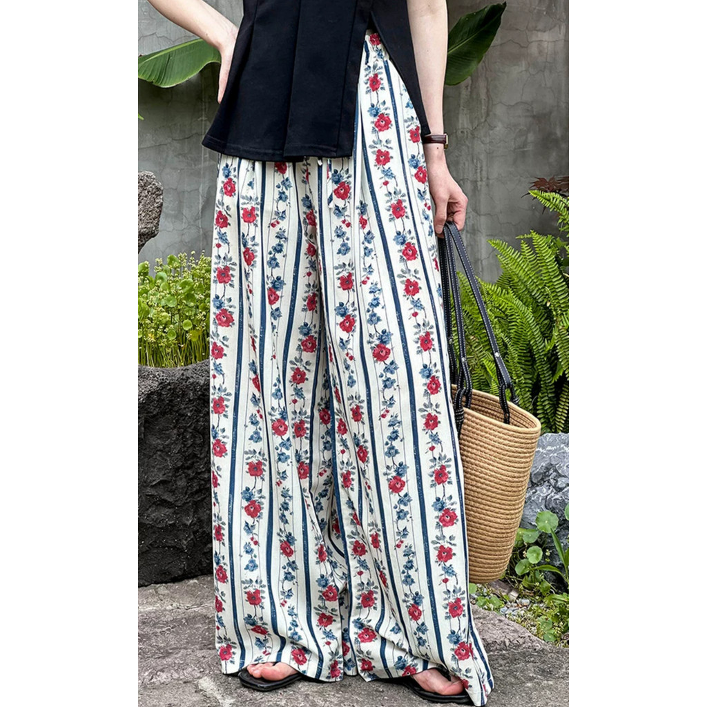 Hoa Hồng Rộng Quần Nữ 2024 Phong Cách Mới Mùa Hè Mỏng Phong Cách Cao Cấp Drap Tất Cả Trận Đấu Rời Sọc Retro Quần Thường Ngày