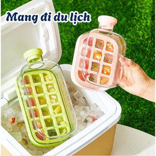 Khay làm đá thông minh tích hợp bình nước nhấn lấy đá, Khay đá tủ lạnh có nắp kín tặng kèm ống hút