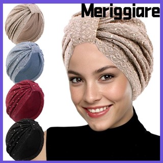 Mũ Turban Ấn Độ MERIGGIARE, Hijab Hồi giáo thắt nút sáng bóng, Bandanas Sequin nữ
