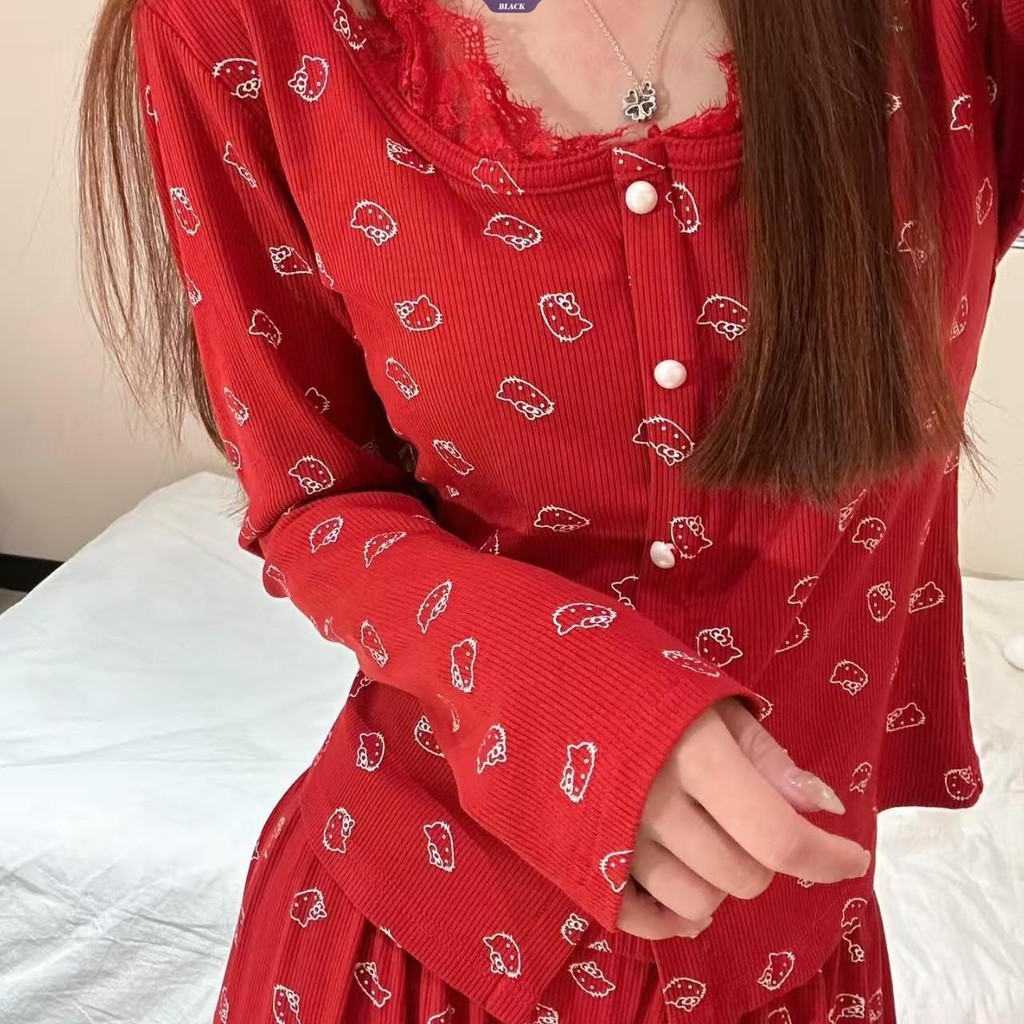 Bộ Đồ Ngủ HelloKitty Dễ Thương Nữ Xuân Thu Mẫu Gợi Cảm Pure Desire Ren Edge Dài Tay Homewear Suit [BL]