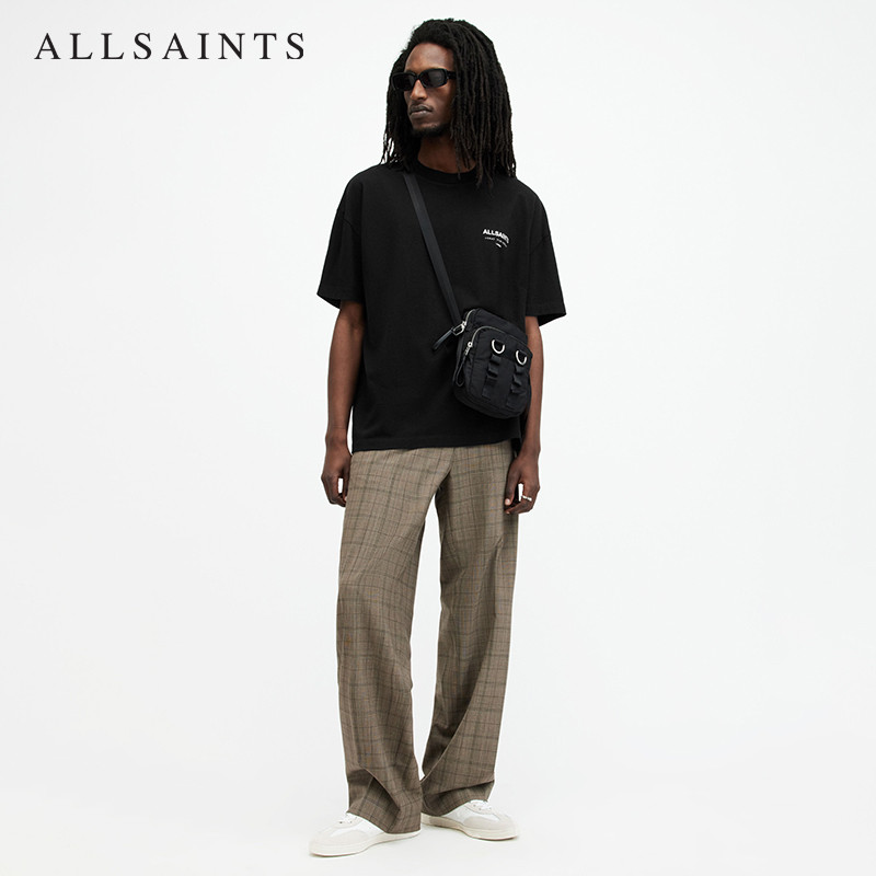ALLSAINTS Áo thun nam ngắn tay họa tiết màu đen dáng rộng hàng đầu mùa hè cổ điển M071PB