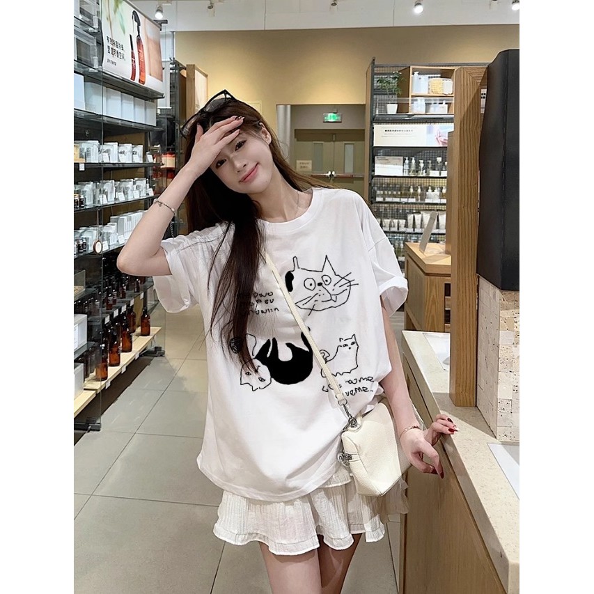 SUXI Áo thun ngắn tay in hình dễ thương mùa hè mới dành cho nữ 250508