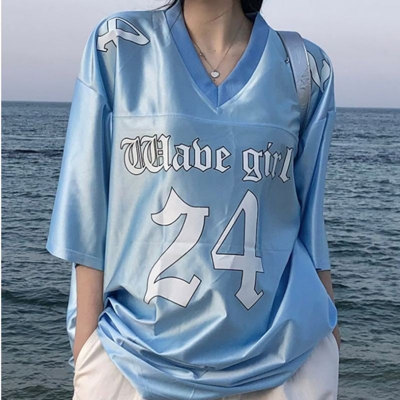 ThaliaWisp Áo Thun Nam Mỹ Retro Cổ Chữ V In Kỹ Thuật Số Mùa Hè Rời Top