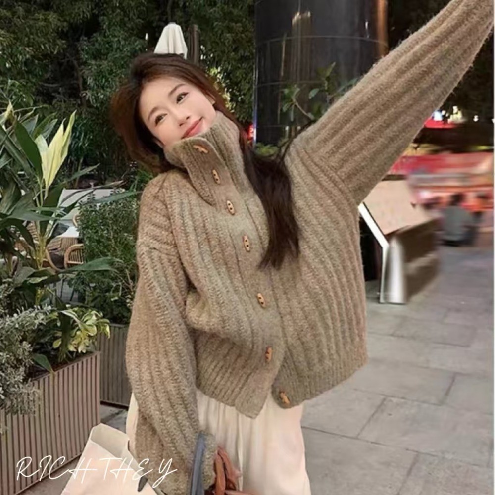 RICH-THEY Áo Len Dệt Kim Cổ Cao Có Nút Sừng Mới Áo Cadigan Len Dày Thời ...