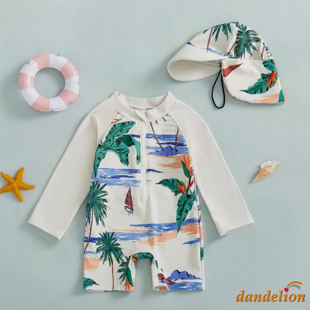 0-5 tuổi Trẻ em / Bé trai Rash Guard Bộ đồ bơi một mảnh in hình cá mập dài tay nửa có khóa kéo Bộ đồ tắm có mũ chống nắng