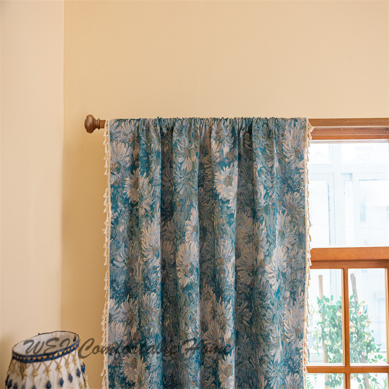 Pháp Xanh Sơn Dầu Rèm Phong Cách Mục Vụ Phòng Ngủ Vịnh Cửa Sổ Bán Đen Jacquard Phòng Khách Hoàn Thành Rèm