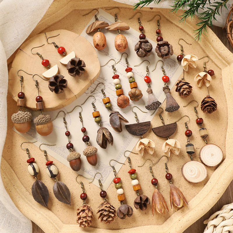 GHGl❤️Thực Vật Chính Hãng Bông Tai Rừng Trái Cây Tự Nhiên Acorn Handmade Retro Nữ Dài Phong Cách Dân Tộc Văn Học Trung Quốc Y Học Bông Tai