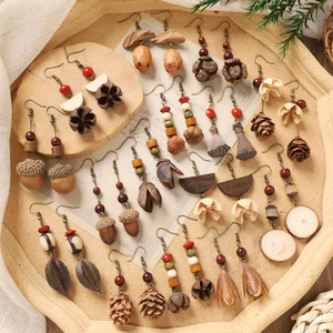GHGl❤️Thực Vật Chính Hãng Bông Tai Rừng Trái Cây Tự Nhiên Acorn Handmade Retro Nữ Dài Phong Cách Dân Tộc Văn Học Trung Quốc Y Học Bông Tai
