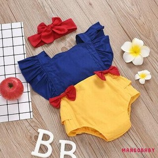 Mg-baby Bộ áo liền quần dễ thương Chiều dài vai Không tay Ruffle Trim Slim Fit Nơ Trang trí Băng đô Jumpsuits Phù hợp với