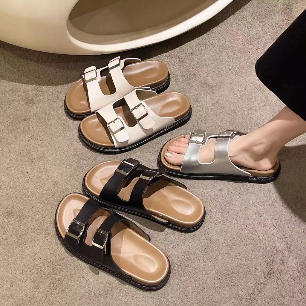 Dép lê đế dày Mùa hè Nữ Mặc ngoài Mẫu mới Casual cổ điển Dép lê khóa thắt lưng