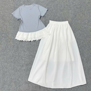 Set đồ bigsize 2 món áo thun ngắn tay viền ren bèo  phối chân váy dáng dài xòe che khuyết điểm  SET A281+CV15