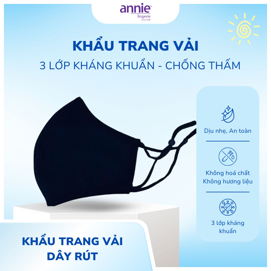 Khẩu trang vải kháng khuẩn chống thấm annie 3 lớp dây rút điều chỉnh, giặt lại được