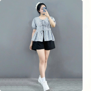 Áo Babydoll Bigsize Nữ Áo Kiểu Tay Ngắn Phồng Vạt Xòe Dễ Thương Họa Tiết Kẻ Sọc Cho Chubby A190