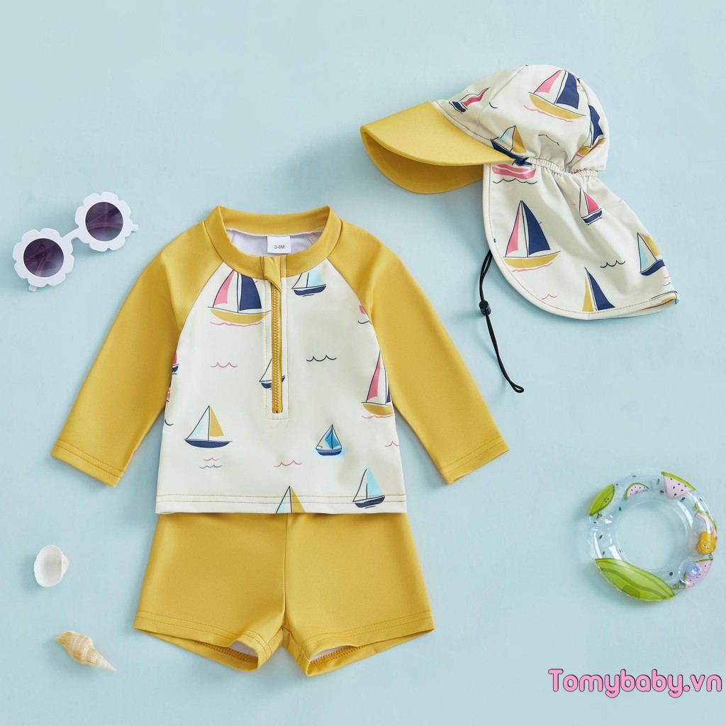 Bộ đồ bơi Baby Boys Rash Guard In thuyền buồm Áo dây kéo dài tay + Quần short chắc chắn + Mũ bơi 3 trang phục