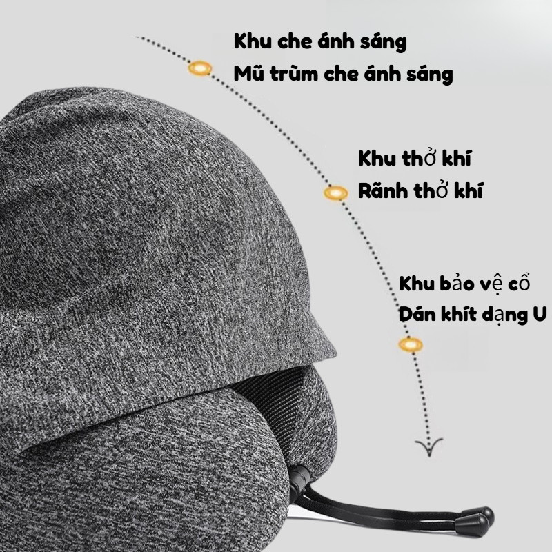 Gối cổ chữ u tích hợp nón đội giúp ngủ,Gối kê cổ chữ U ruột êm,vỏ mềm dành cho du lịch đường dài