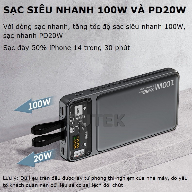 Sạc dự phòng 20000mah 30000mah công suất nhanh 100w dung lượng pin lớn có sẵn dây cho điện thoại - Gutek DX159