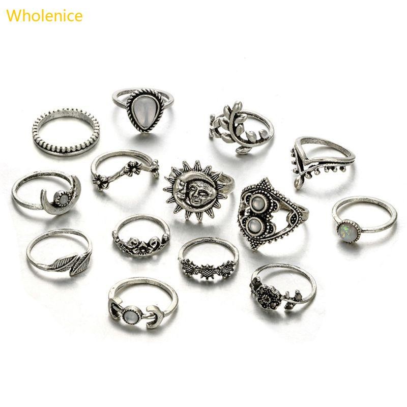 Whol 14 Chiếc Vintage Bạc Mặt Trăng Ngôi Sao Hoa Lá Midi Vintage Nhẫn Ban Nhạc Bộ Bohemian Trang Sức Để Mặc Hàng Ngày